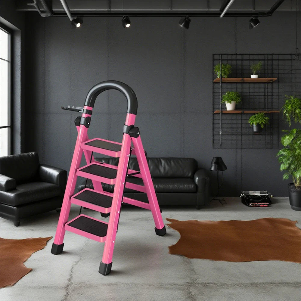GROVIA 4/5/6 - Design 27cm Steel Anti-Slip Ladder, Tool Heavy-Duty Carbon Pedals, Extra-Wide Step Alloy Feet, Folding Tray, Pink