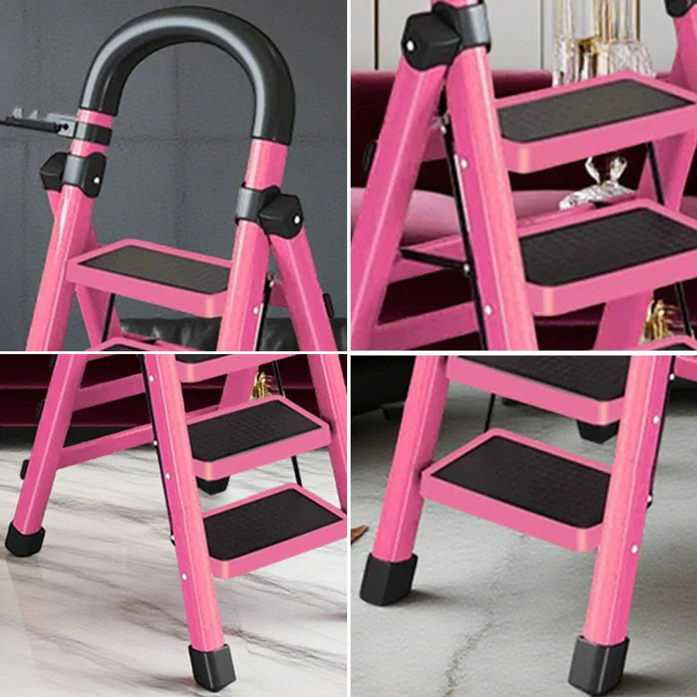 GROVIA 4/5/6 - Design 27cm Steel Anti-Slip Ladder, Tool Heavy-Duty Carbon Pedals, Extra-Wide Step Alloy Feet, Folding Tray, Pink