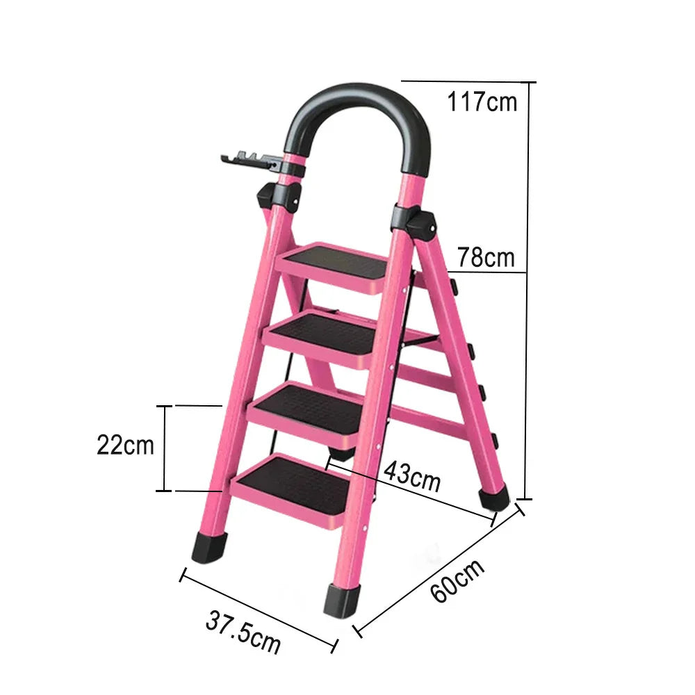 GROVIA 4/5/6 - Design 27cm Steel Anti-Slip Ladder, Tool Heavy-Duty Carbon Pedals, Extra-Wide Step Alloy Feet, Folding Tray, Pink