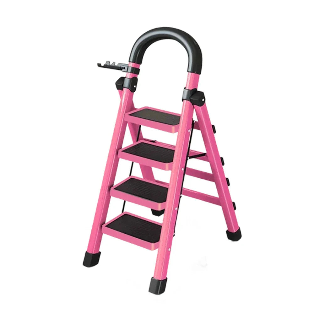 GROVIA 4/5/6 - Design 27cm Steel Anti-Slip Ladder, Tool Heavy-Duty Carbon Pedals, Extra-Wide Step Alloy Feet, Folding Tray, Pink