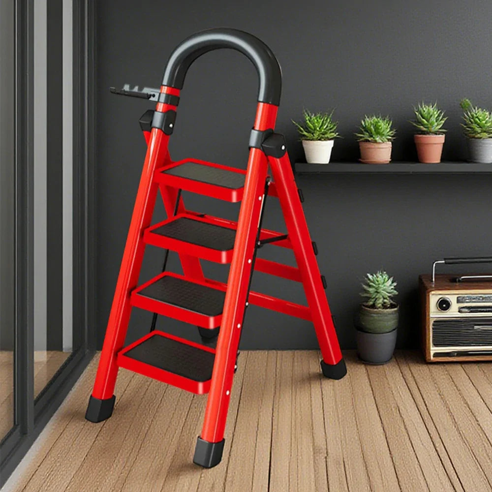 GROVIA 4/5/6 Steel Heavy-Duty Tray, Ladder, 27cm Alloy Anti-Slip Tool Carbon Design Pedals, Extra-Wide - Step Folding Feet, Red