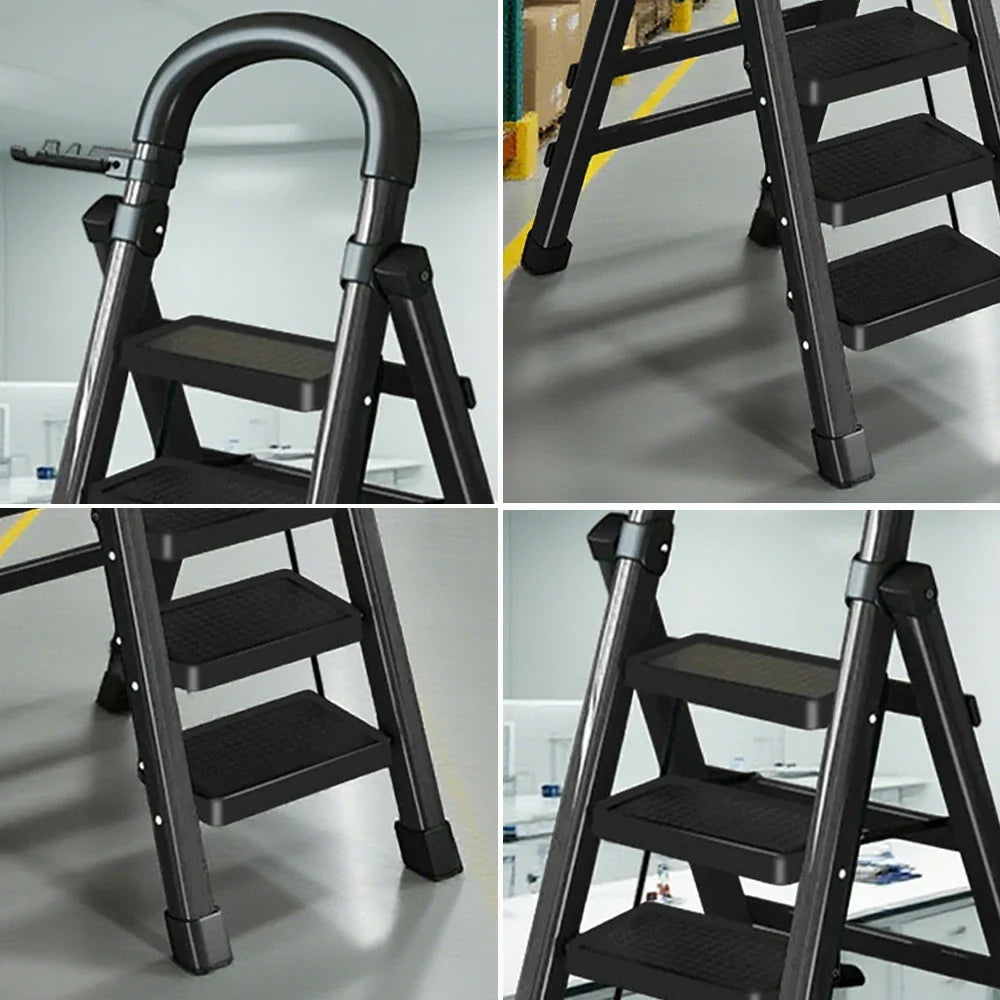GROVIA 4/5/6 27cm Tray, Folding Anti-Slip Pedals, Design Tool - Carbon Step Feet, Heavy-Duty Extra-Wide Ladder, Alloy Steel Black