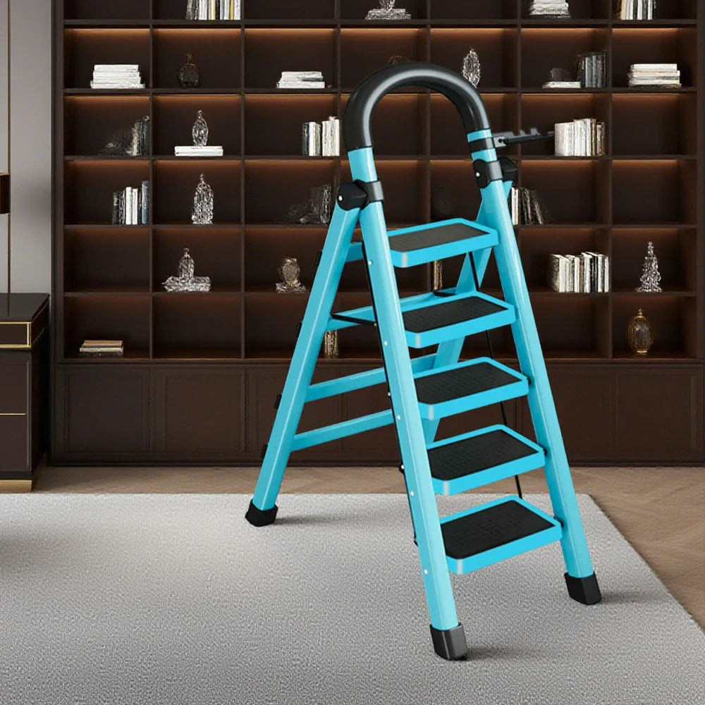 GROVIA 4/5/6 Heavy-Duty 27cm Ladder, Anti-Slip Tray, Pedals, Steel Tool - Step Folding Extra-Wide Alloy Design Carbon Feet, Blue