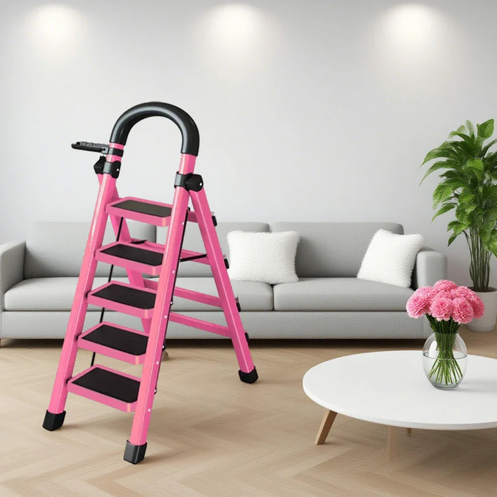 GROVIA 4/5/6 - Design 27cm Steel Anti-Slip Ladder, Tool Heavy-Duty Carbon Pedals, Extra-Wide Step Alloy Feet, Folding Tray, Pink