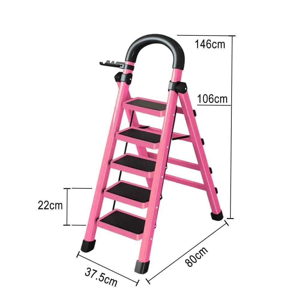GROVIA 4/5/6 - Design 27cm Steel Anti-Slip Ladder, Tool Heavy-Duty Carbon Pedals, Extra-Wide Step Alloy Feet, Folding Tray, Pink
