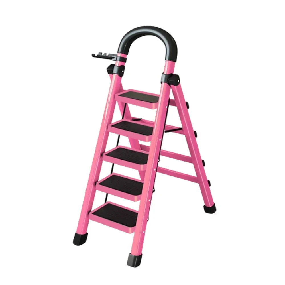 GROVIA 4/5/6 - Design 27cm Steel Anti-Slip Ladder, Tool Heavy-Duty Carbon Pedals, Extra-Wide Step Alloy Feet, Folding Tray, Pink