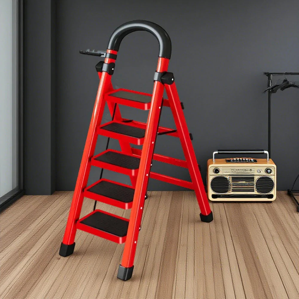GROVIA 4/5/6 Steel Heavy-Duty Tray, Ladder, 27cm Alloy Anti-Slip Tool Carbon Design Pedals, Extra-Wide - Step Folding Feet, Red