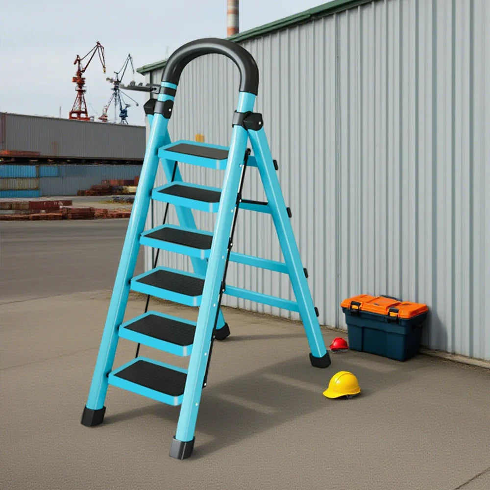 GROVIA 4/5/6 Heavy-Duty 27cm Ladder, Anti-Slip Tray, Pedals, Steel Tool - Step Folding Extra-Wide Alloy Design Carbon Feet, Blue