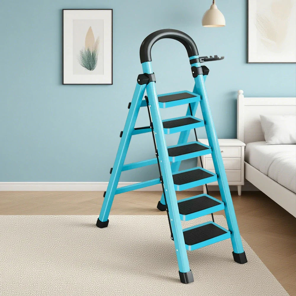 GROVIA 4/5/6 Heavy-Duty 27cm Ladder, Anti-Slip Tray, Pedals, Steel Tool - Step Folding Extra-Wide Alloy Design Carbon Feet, Blue
