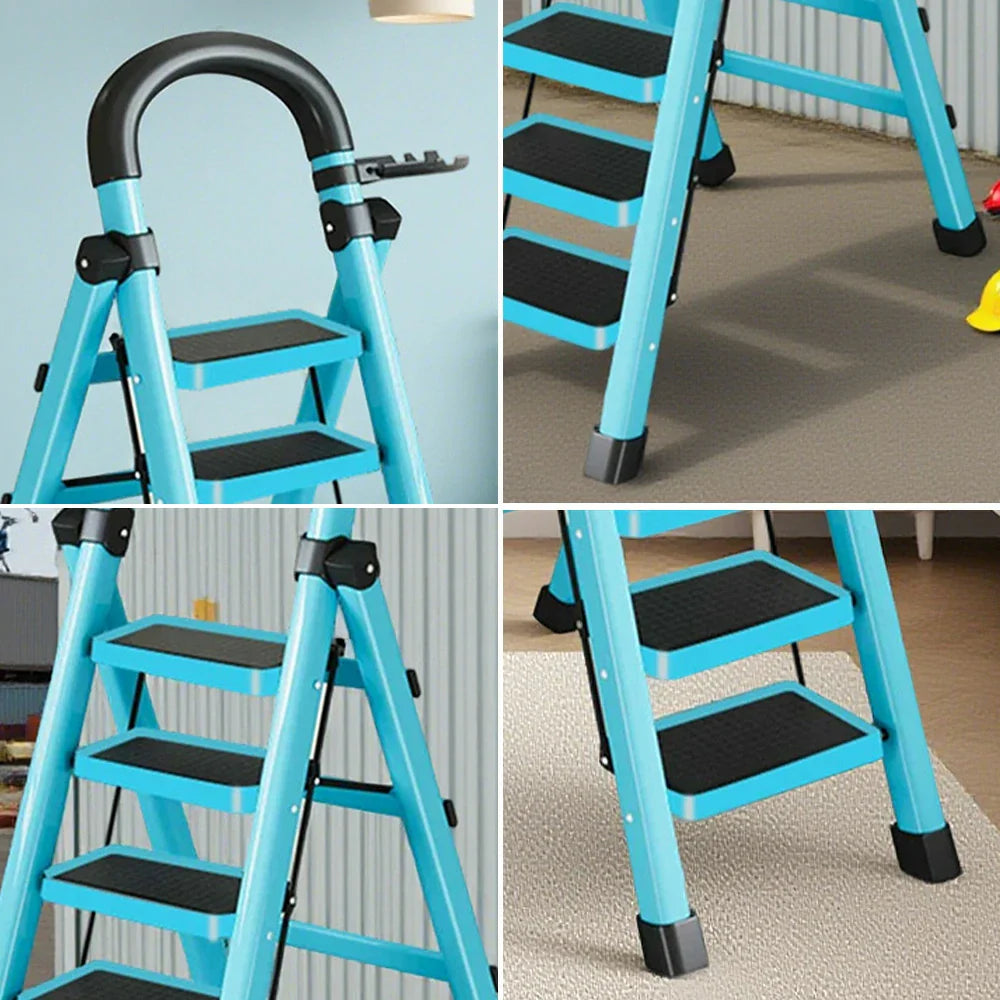 GROVIA 4/5/6 Heavy-Duty 27cm Ladder, Anti-Slip Tray, Pedals, Steel Tool - Step Folding Extra-Wide Alloy Design Carbon Feet, Blue