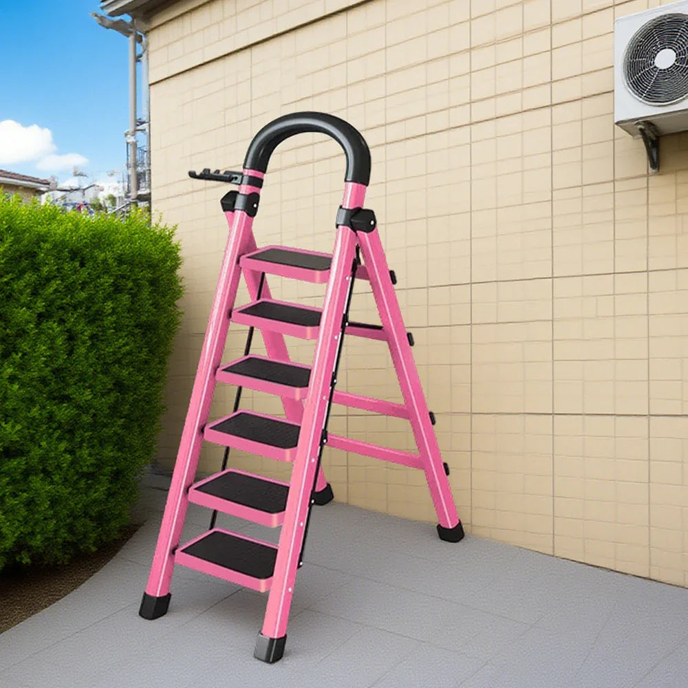 GROVIA 4/5/6 - Design 27cm Steel Anti-Slip Ladder, Tool Heavy-Duty Carbon Pedals, Extra-Wide Step Alloy Feet, Folding Tray, Pink