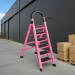GROVIA 4/5/6 - Design 27cm Steel Anti-Slip Ladder, Tool Heavy-Duty Carbon Pedals, Extra-Wide Step Alloy Feet, Folding Tray, Pink