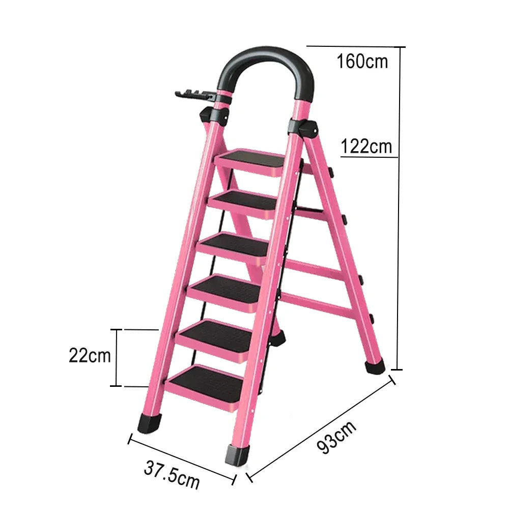 GROVIA 4/5/6 - Design 27cm Steel Anti-Slip Ladder, Tool Heavy-Duty Carbon Pedals, Extra-Wide Step Alloy Feet, Folding Tray, Pink