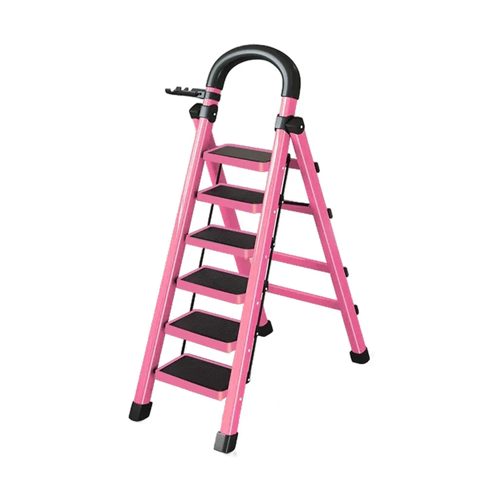 GROVIA 4/5/6 - Design 27cm Steel Anti-Slip Ladder, Tool Heavy-Duty Carbon Pedals, Extra-Wide Step Alloy Feet, Folding Tray, Pink