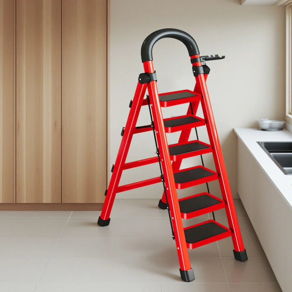 GROVIA 4/5/6 Steel Heavy-Duty Tray, Ladder, 27cm Alloy Anti-Slip Tool Carbon Design Pedals, Extra-Wide - Step Folding Feet, Red