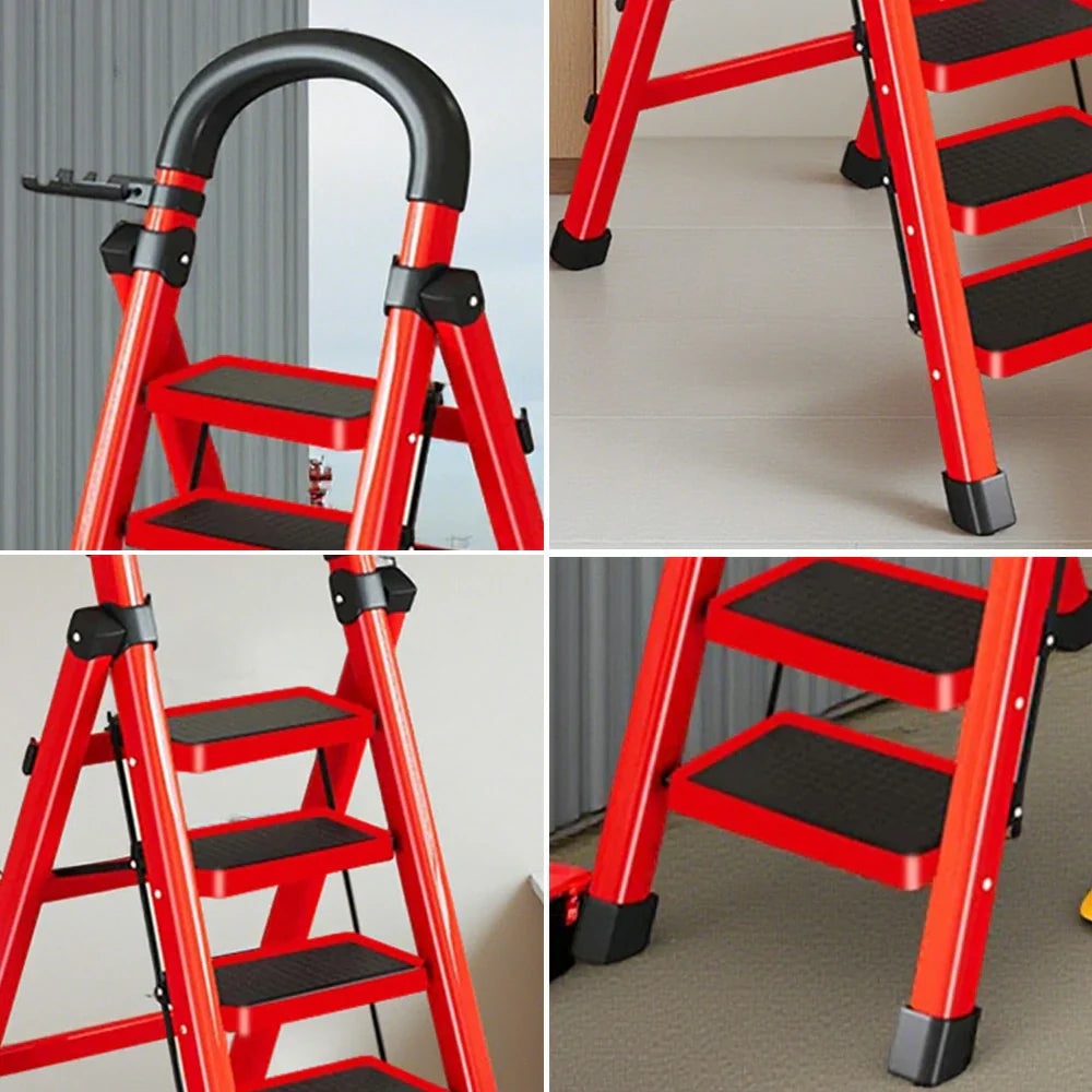 GROVIA 4/5/6 Steel Heavy-Duty Tray, Ladder, 27cm Alloy Anti-Slip Tool Carbon Design Pedals, Extra-Wide - Step Folding Feet, Red