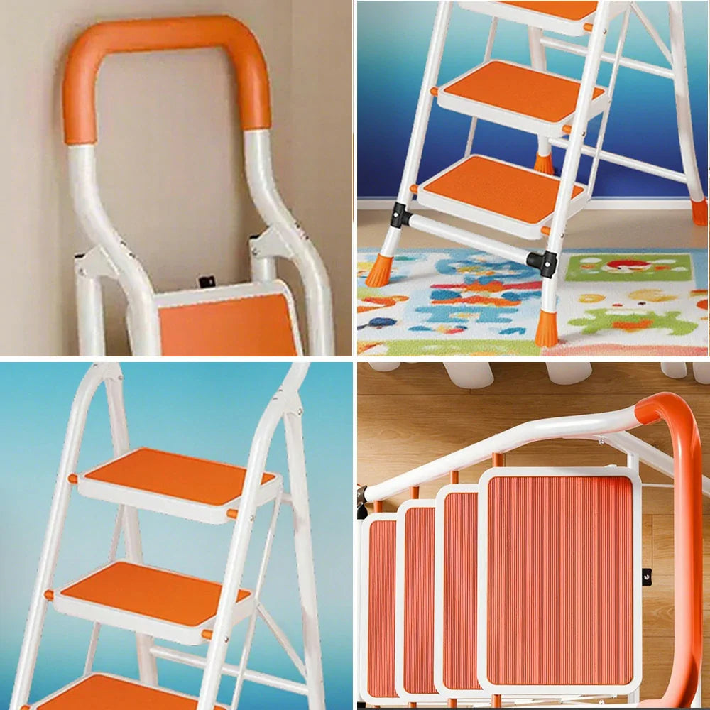 GROVIA 4/5/6-Step Folding Feet Pedal, - Carbon - 7cm Anti-Slip Design, Slim Wide Non-Slip Ladder Steel 26cm Orange