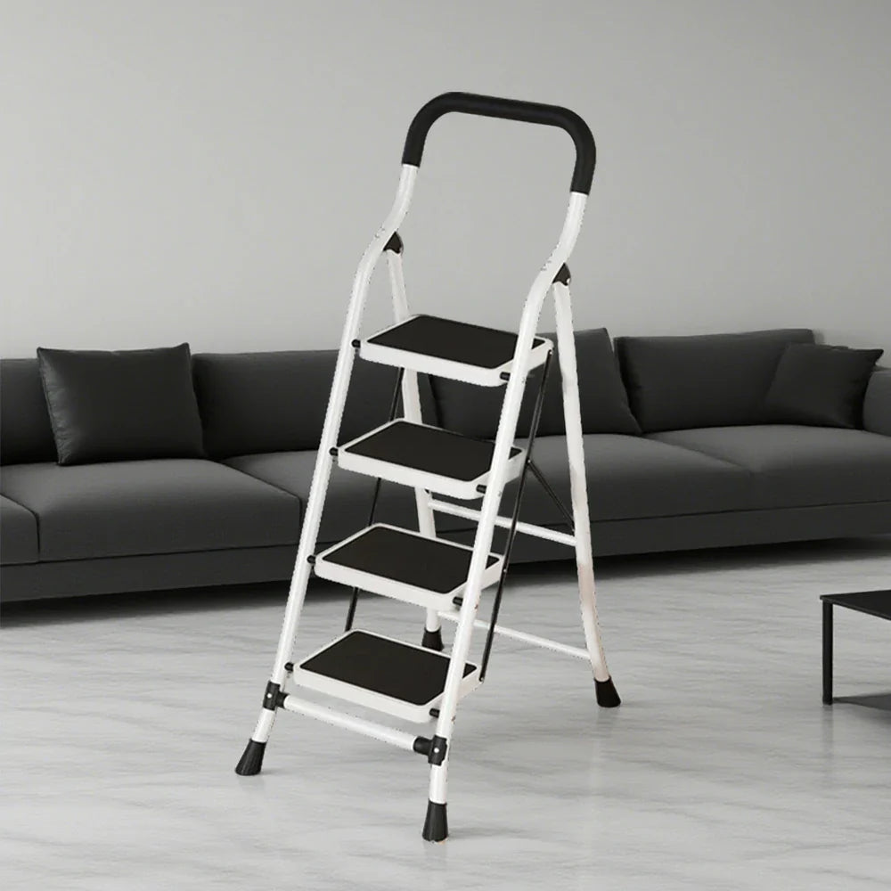 GROVIA 4/5/6-Step Folding Steel Ladder - Thick, Pedal, - Anti-Slip Feet Stable 7cm Carbon Non-Slip Slim 26cm White