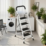 GROVIA 4/5/6-Step Folding Steel Ladder - Thick, Pedal, - Anti-Slip Feet Stable 7cm Carbon Non-Slip Slim 26cm White