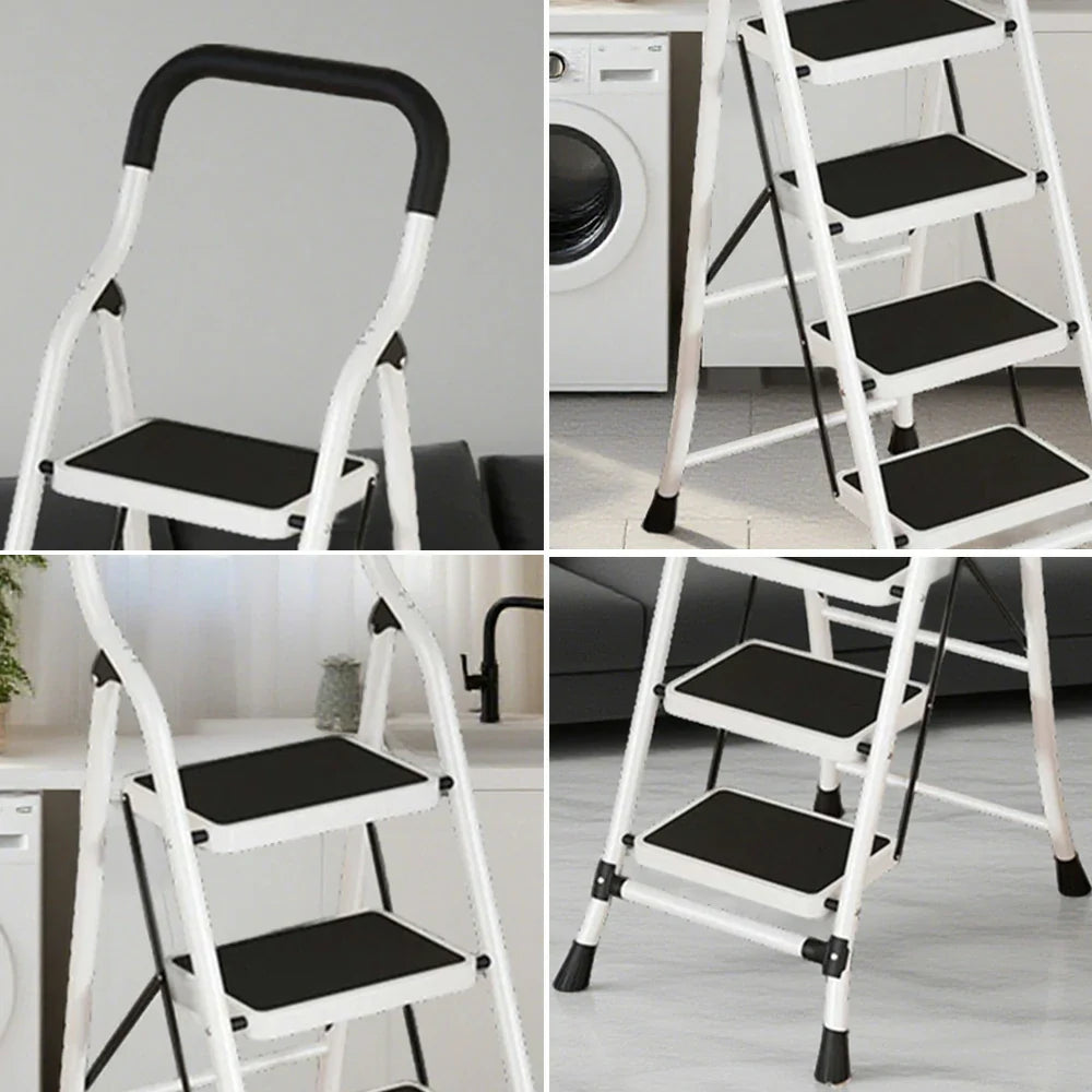GROVIA 4/5/6-Step Folding Steel Ladder - Thick, Pedal, - Anti-Slip Feet Stable 7cm Carbon Non-Slip Slim 26cm White