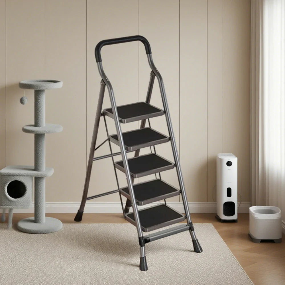 GROVIA 4/5/6-Step Feet Anti-Slip 26cm Slim Design, Ladder - 7cm Wide Carbon Steel - Non-Slip Pedal, Folding Gray
