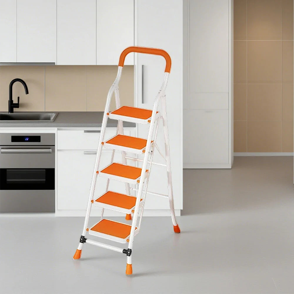 GROVIA 4/5/6-Step Folding Feet Pedal, - Carbon - 7cm Anti-Slip Design, Slim Wide Non-Slip Ladder Steel 26cm Orange