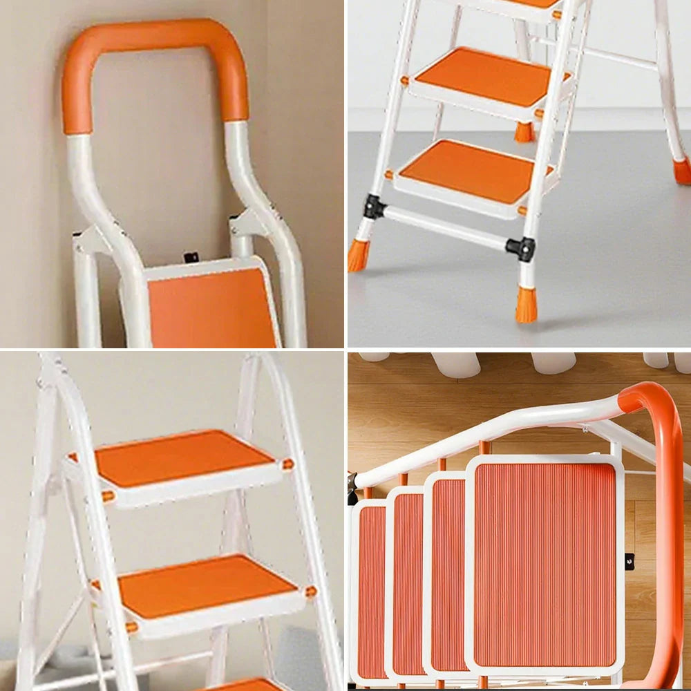 GROVIA 4/5/6-Step Folding Feet Pedal, - Carbon - 7cm Anti-Slip Design, Slim Wide Non-Slip Ladder Steel 26cm Orange