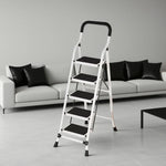GROVIA 4/5/6-Step Folding Steel Ladder - Thick, Pedal, - Anti-Slip Feet Stable 7cm Carbon Non-Slip Slim 26cm White