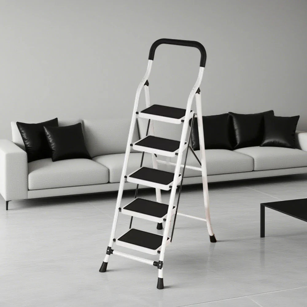 GROVIA 4/5/6-Step Folding Steel Ladder - Thick, Pedal, - Anti-Slip Feet Stable 7cm Carbon Non-Slip Slim 26cm White