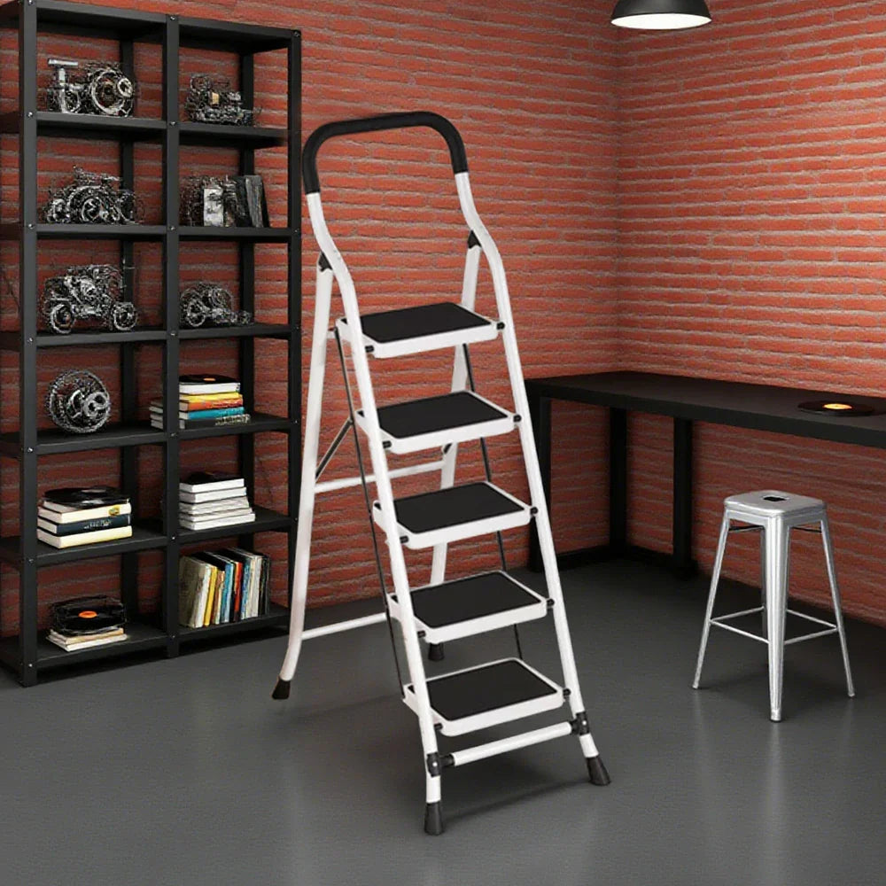 GROVIA 4/5/6-Step Folding Steel Ladder - Thick, Pedal, - Anti-Slip Feet Stable 7cm Carbon Non-Slip Slim 26cm White