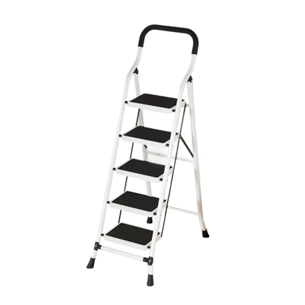 GROVIA 4/5/6-Step Folding Steel Ladder - Thick, Pedal, - Anti-Slip Feet Stable 7cm Carbon Non-Slip Slim 26cm White