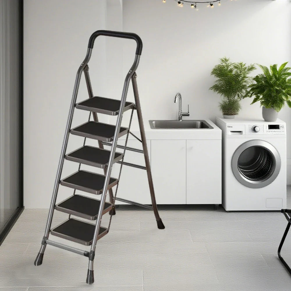 GROVIA 4/5/6-Step Feet Anti-Slip 26cm Slim Design, Ladder - 7cm Wide Carbon Steel - Non-Slip Pedal, Folding Gray