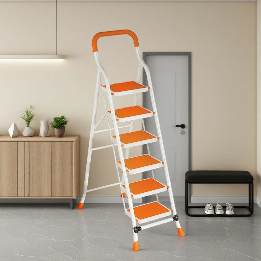 GROVIA 4/5/6-Step Folding Feet Pedal, - Carbon - 7cm Anti-Slip Design, Slim Wide Non-Slip Ladder Steel 26cm Orange