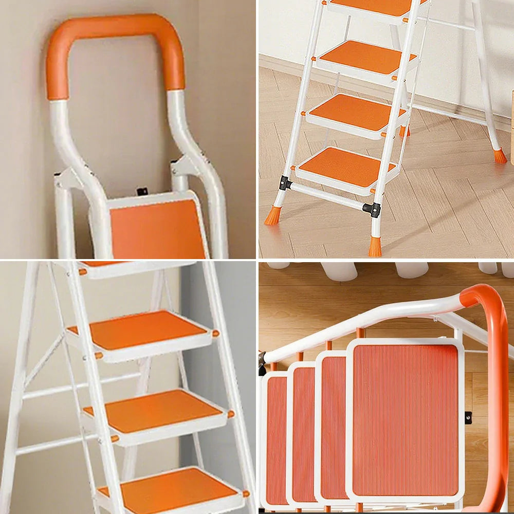 GROVIA 4/5/6-Step Folding Feet Pedal, - Carbon - 7cm Anti-Slip Design, Slim Wide Non-Slip Ladder Steel 26cm Orange
