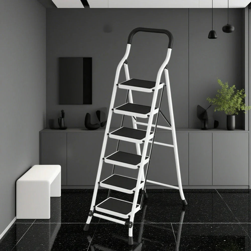 GROVIA 4/5/6-Step Folding Steel Ladder - Thick, Pedal, - Anti-Slip Feet Stable 7cm Carbon Non-Slip Slim 26cm White