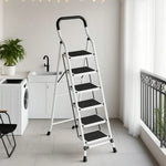 GROVIA 4/5/6-Step Folding Steel Ladder - Thick, Pedal, - Anti-Slip Feet Stable 7cm Carbon Non-Slip Slim 26cm White
