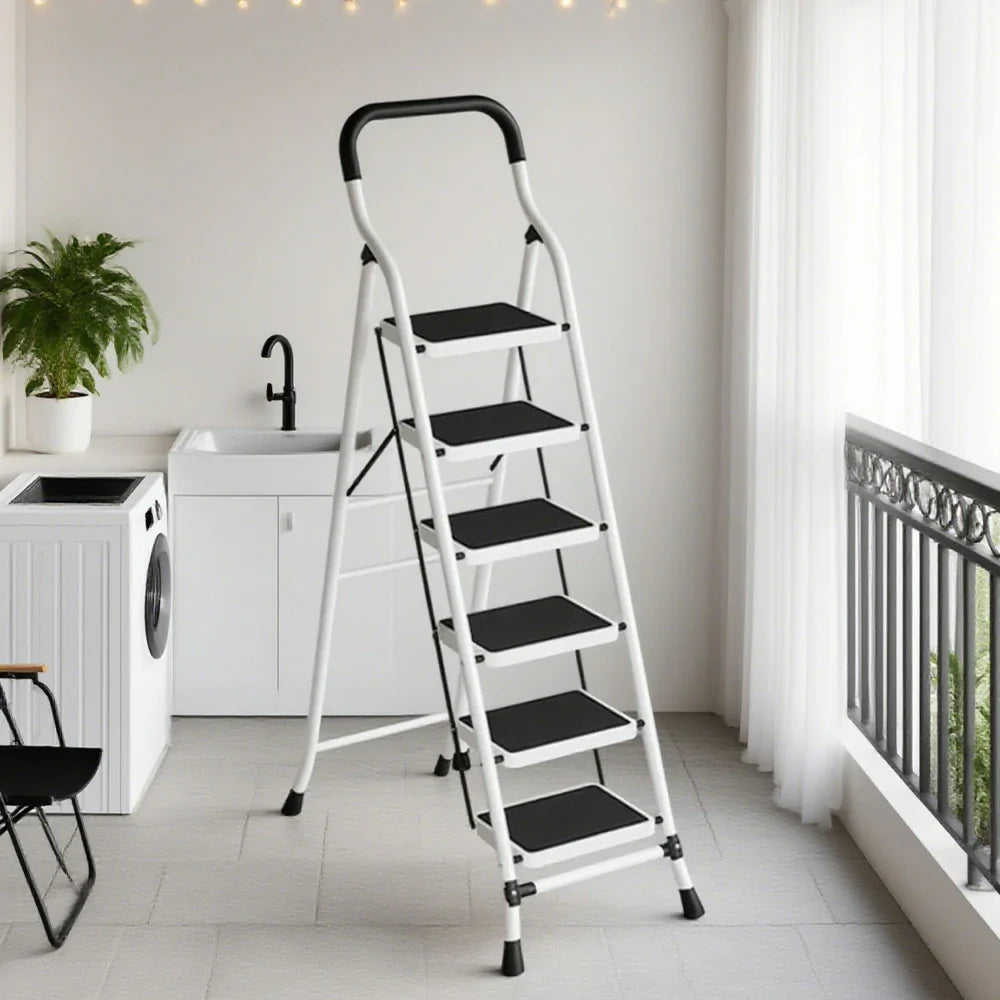 GROVIA 4/5/6-Step Folding Steel Ladder - Thick, Pedal, - Anti-Slip Feet Stable 7cm Carbon Non-Slip Slim 26cm White