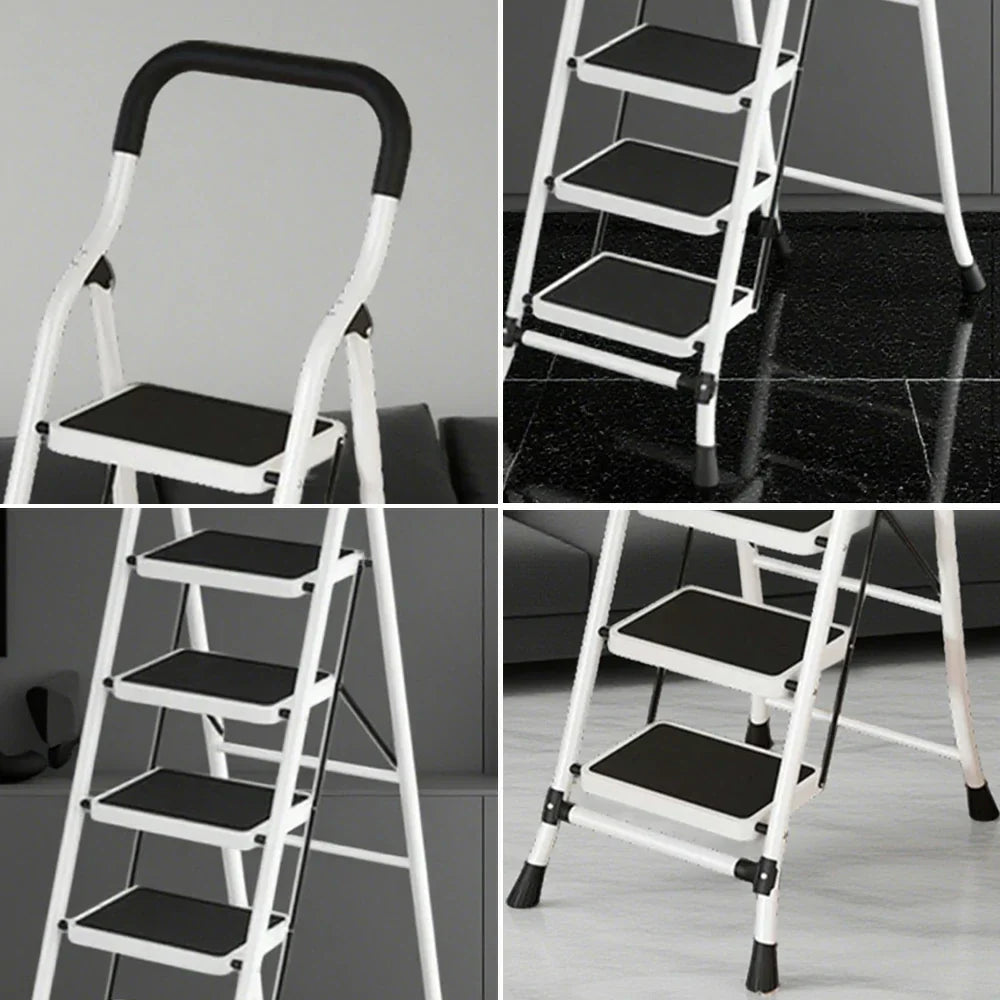 GROVIA 4/5/6-Step Folding Steel Ladder - Thick, Pedal, - Anti-Slip Feet Stable 7cm Carbon Non-Slip Slim 26cm White