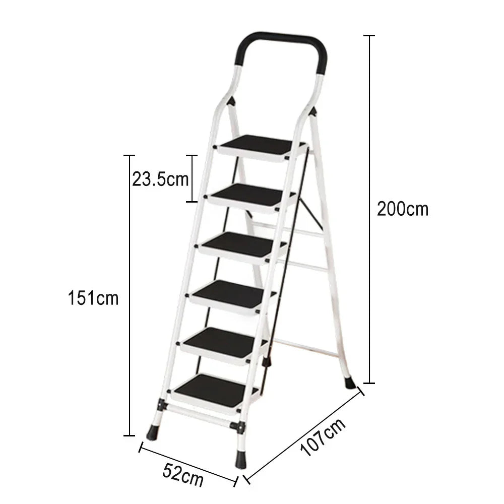 GROVIA 4/5/6-Step Folding Steel Ladder - Thick, Pedal, - Anti-Slip Feet Stable 7cm Carbon Non-Slip Slim 26cm White