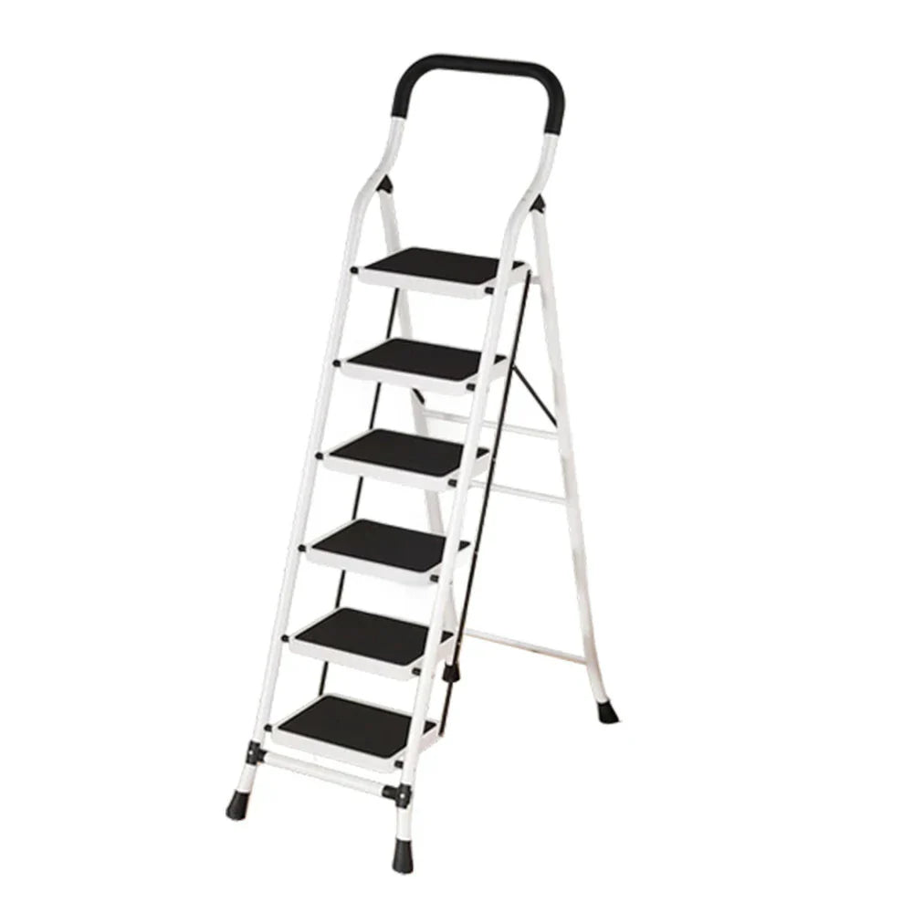 GROVIA 4/5/6-Step Folding Steel Ladder - Thick, Pedal, - Anti-Slip Feet Stable 7cm Carbon Non-Slip Slim 26cm White