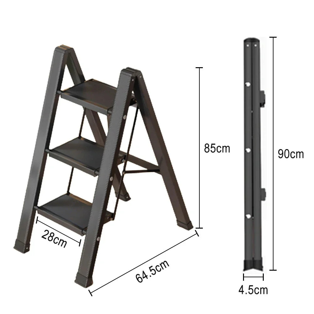 GROVIA 3 28cm - Aluminium Folded Pedals, 150kg Step Base Anti-Slip Size - Folding Wide Ladder 4.5cm, Capacity, Black