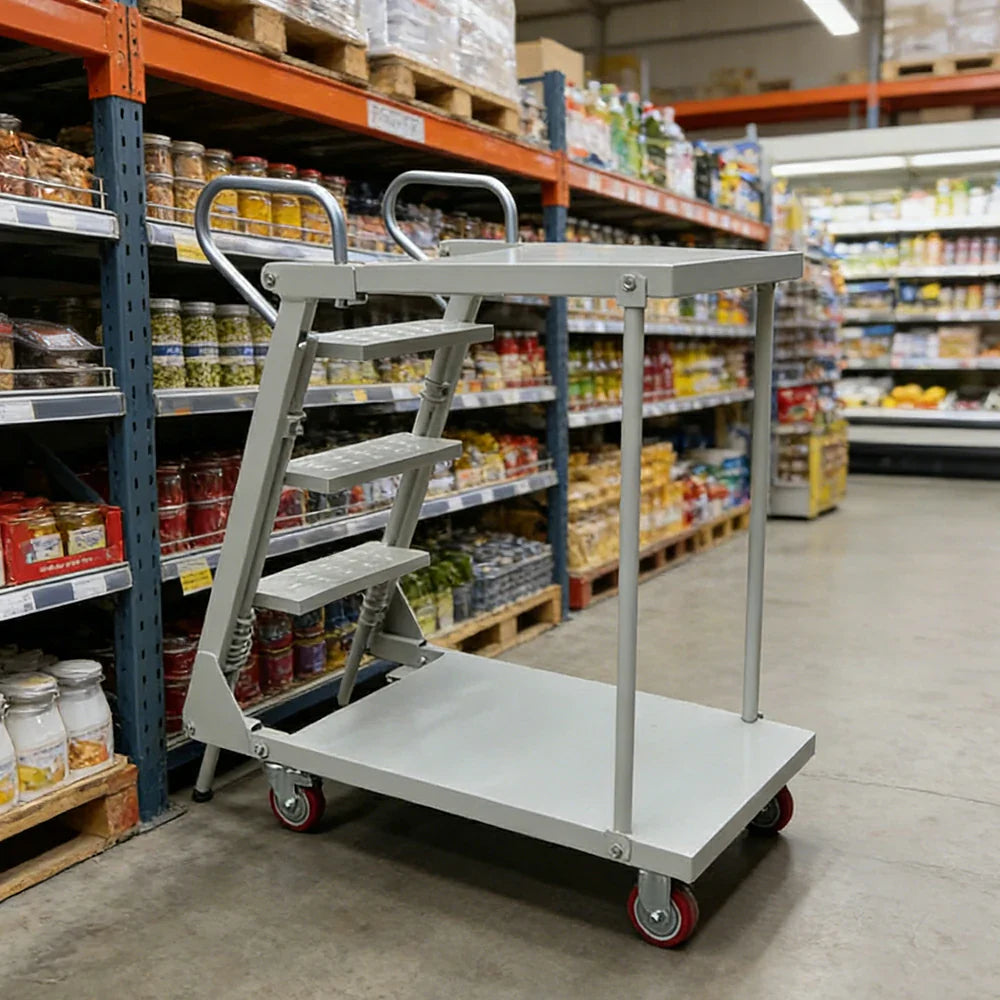GROVIA Mobile Double-Tier Folding Ladder Cart - Heavy-Duty Steel Construction, Lockable Wheels, Anti-Slip Steps for Warehouse & Industrial Use - Silver