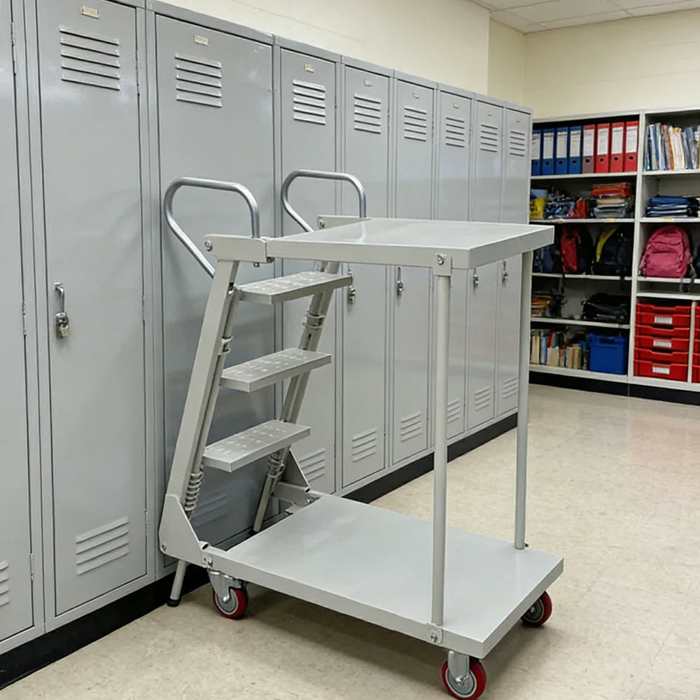 GROVIA Mobile Double-Tier Folding Ladder Cart - Heavy-Duty Steel Construction, Lockable Wheels, Anti-Slip Steps for Warehouse & Industrial Use - Silver