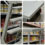 GROVIA Mobile Double-Tier Folding Ladder Cart - Heavy-Duty Steel Construction, Lockable Wheels, Anti-Slip Steps for Warehouse & Industrial Use - Silver