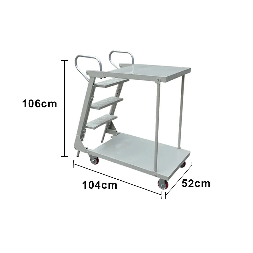 GROVIA Mobile Double-Tier Folding Ladder Cart - Heavy-Duty Steel Construction, Lockable Wheels, Anti-Slip Steps for Warehouse & Industrial Use - Silver
