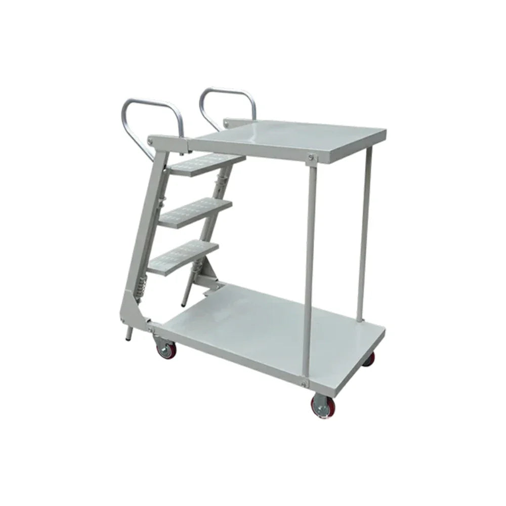 GROVIA Mobile Double-Tier Folding Ladder Cart - Heavy-Duty Steel Construction, Lockable Wheels, Anti-Slip Steps for Warehouse & Industrial Use - Silver