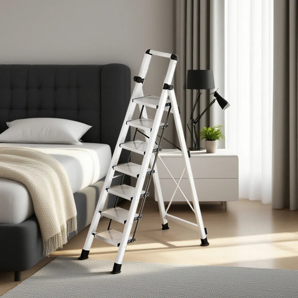 GROVIA 7/8/9 Step Anti-Slip Carbon Base Capacity, to Steel - 150kg Ladder 5cm, Foldable - Folding White