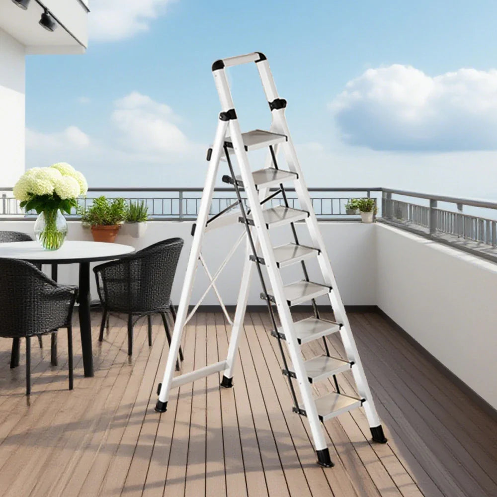 GROVIA 7/8/9 Step Anti-Slip Carbon Base Capacity, to Steel - 150kg Ladder 5cm, Foldable - Folding White