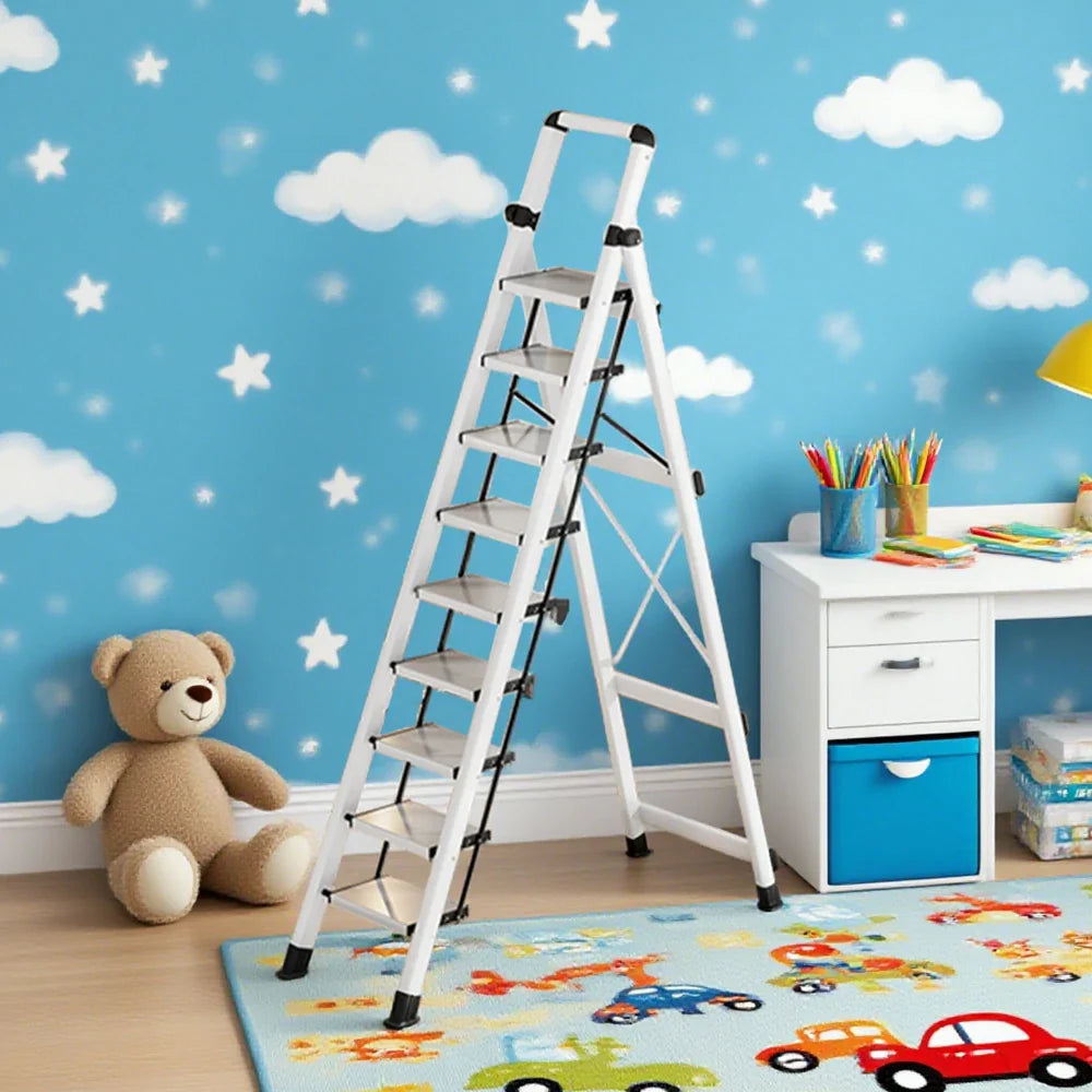 GROVIA 7/8/9 Step Anti-Slip Carbon Base Capacity, to Steel - 150kg Ladder 5cm, Foldable - Folding White