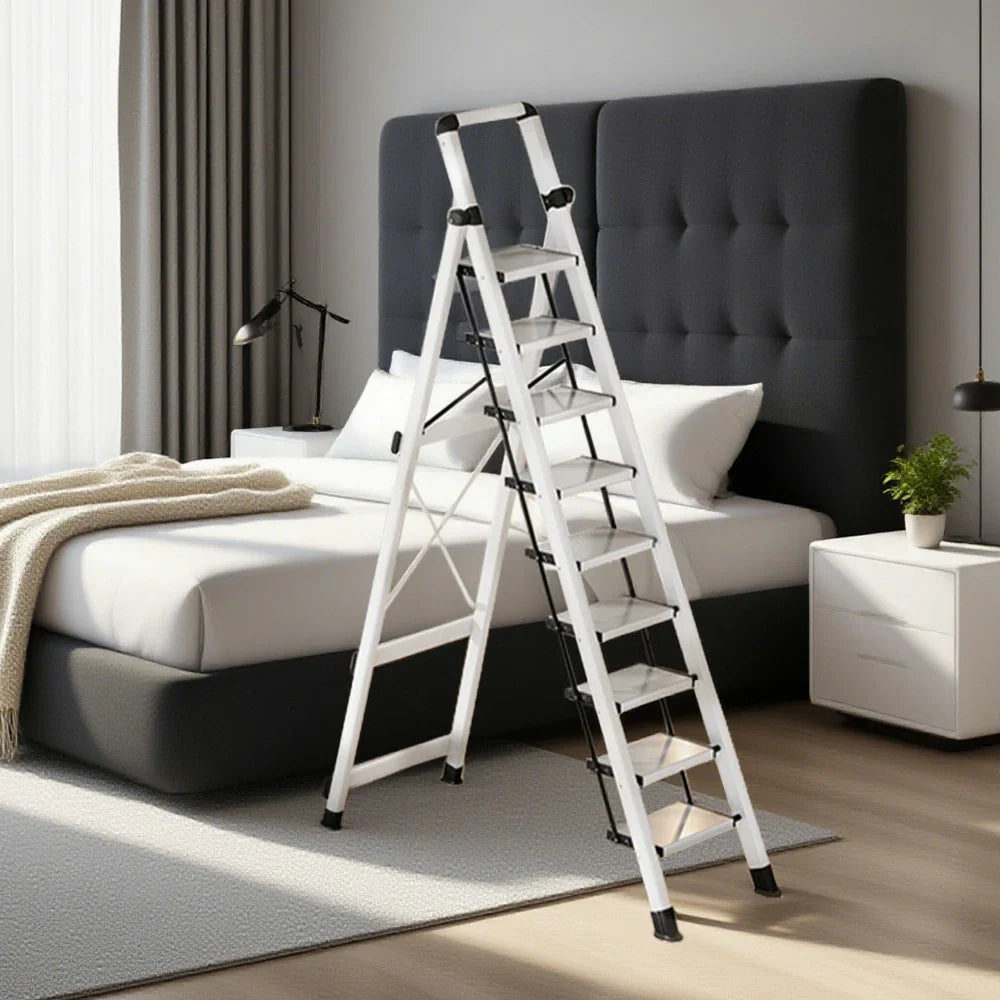 GROVIA 7/8/9 Step Anti-Slip Carbon Base Capacity, to Steel - 150kg Ladder 5cm, Foldable - Folding White
